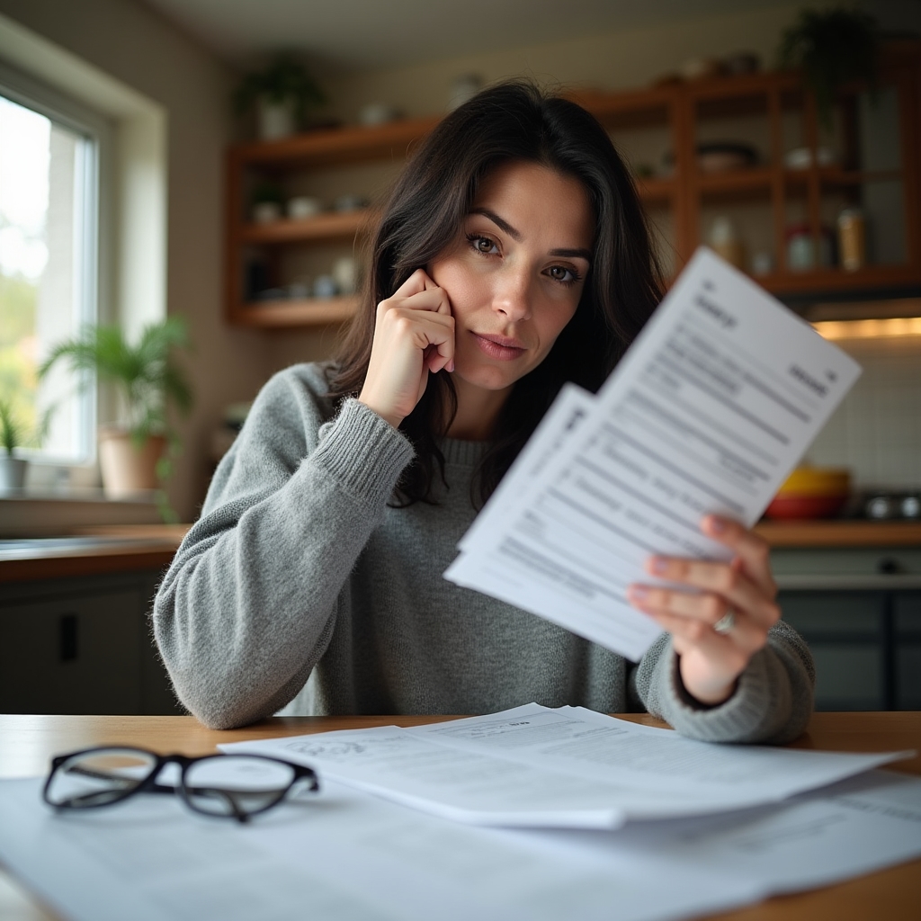 Osoba skúmajúca účty za energie a porovnávajúca faktúry na stole